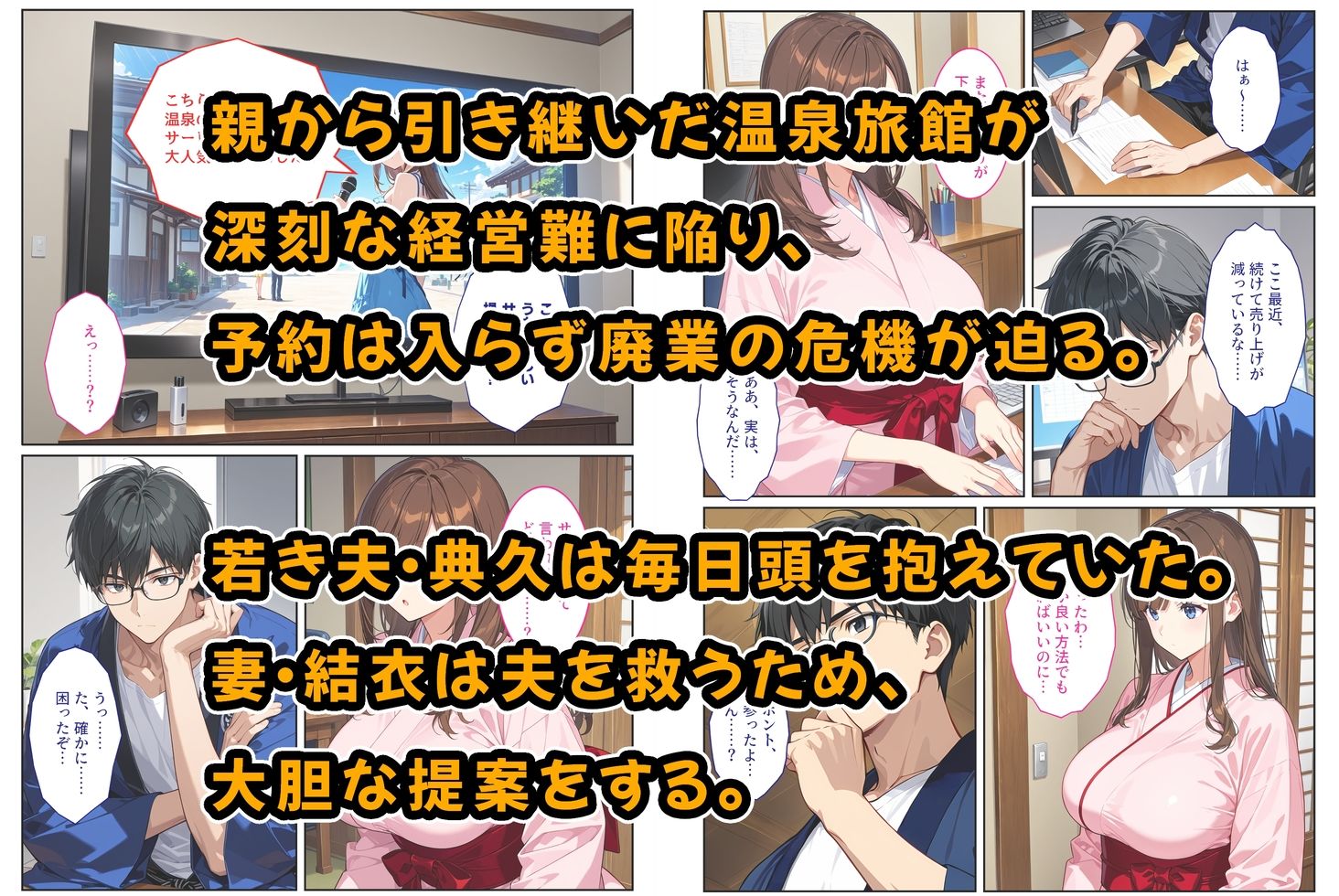 経営難の温泉旅館を守るため…爆乳人妻女将が客たちに種付けられて妊娠メス堕ち！-サンプル画像1